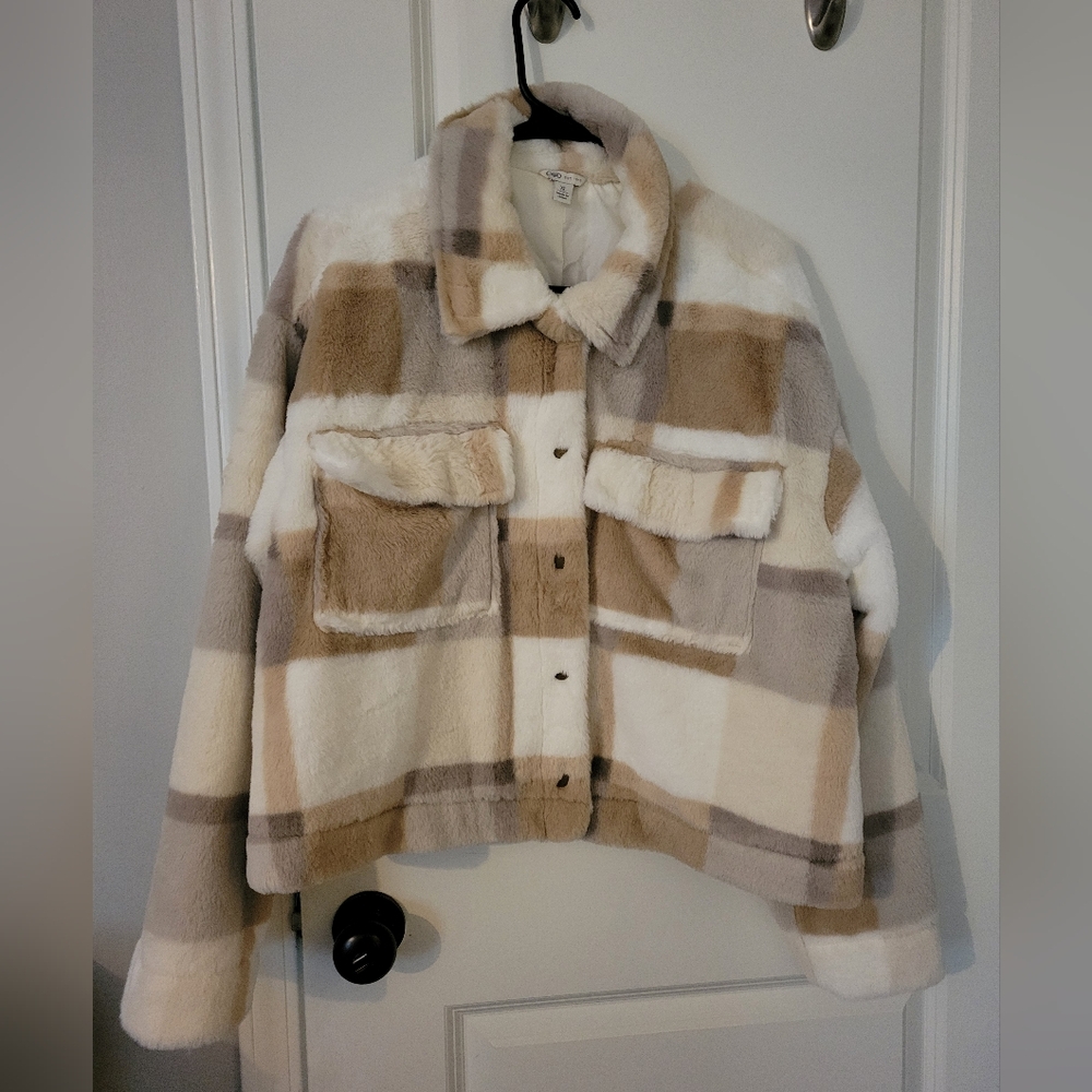 Plaid Faux Fur Jacket - Cream and Tan